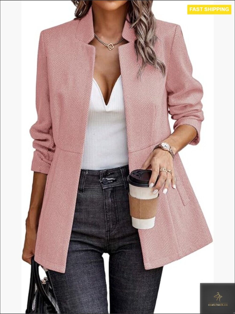 Herringbone Blazer Open Front Business Casual Long Sleeve Work Jacket